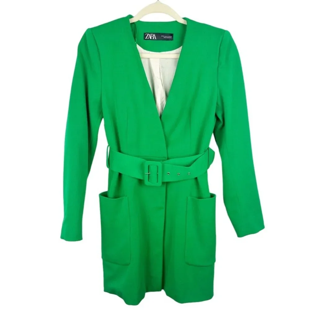 Zara Womens Lined Frock Blazer Coat Size XS Wide Belt Green Pockets Lined V-Neck - Picture 2 of 9